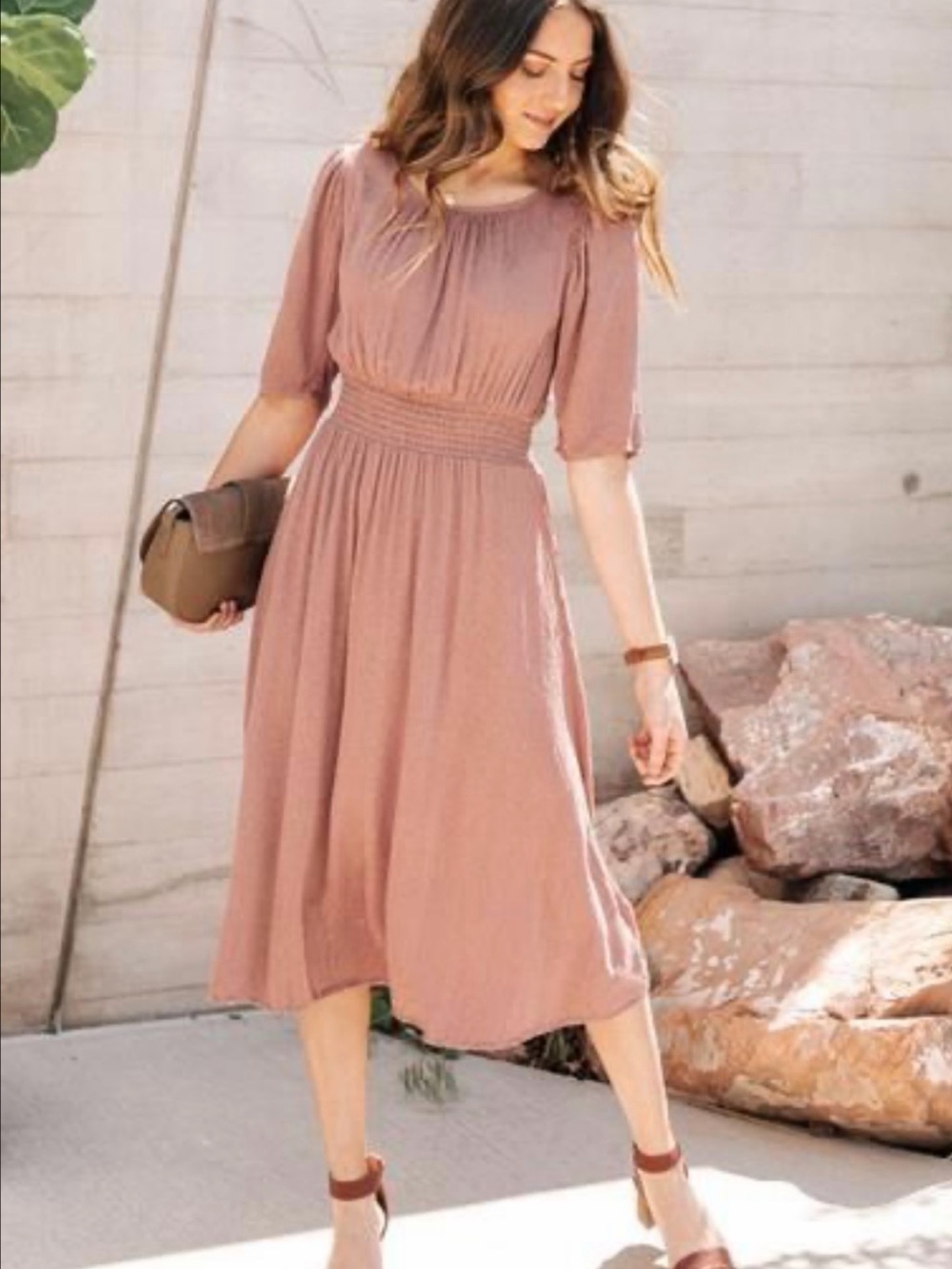 bohme Dusty Mauve Smocked leopard print Waist Midi Dress